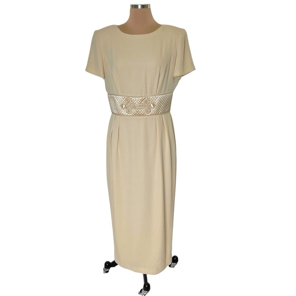 Donna Morgan Midi Dress Vtg 90s Cream Beige Quilted Center Band Size 12 Sheath